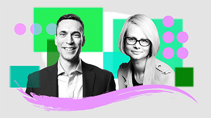 A colorful photo-illustration of Jared Spataro, Microsoft’s corporate vice president of Modern Work & Business Applications, and Colette Stallbaumer, general manager of Microsoft 365 and Future of Work. 