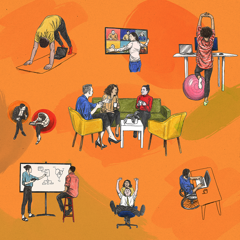 A montage of illustrations showing the different ways to work and interact in the office. A man on a yoga mat does the downward dog position while looking upside down at a laptop that’s open underneath his body. Another woman is hugging a video monitor on which we can see six attendees of a videoconferencing meeting. Another woman stretches and rests her knee on a balance ball while working at a standing desk. Three women sit together, drinking from coffee mugs and chatting in a nook with couches and chairs and a table with a houseplant on it. A man and a woman huddle in conversation while sitting close together in two rounded chairs; the woman holds a tablet. A man sits on an elevated stool, watching as a woman sketches out an idea on a whiteboard. A man sitting in a wheeled office chair flings his arms and legs in the air while a female colleague pushes his chair around. A man in a wheelchair sits at a desk drinking coffee and working on a laptop.