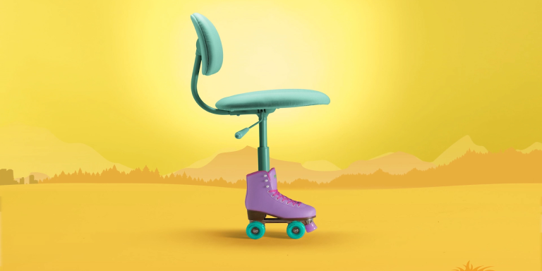 A computer chair with a single rollerblade at the base