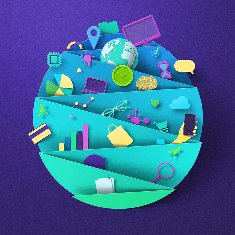 A colorful papercut-style illustration that shows various objects like charts, clouds, and location pins folded into a circular background.