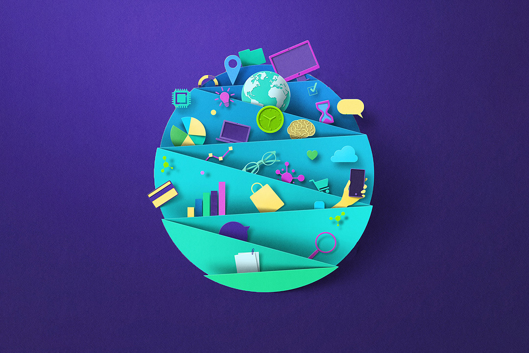 A colorful papercut-style illustration that shows various objects like charts, clouds, and location pins folded into a circular background.