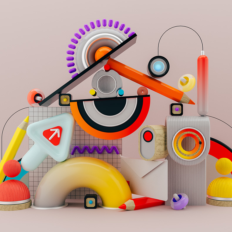 A colorful, complex abstract 3D illustration of iconography, shapes, and tools.