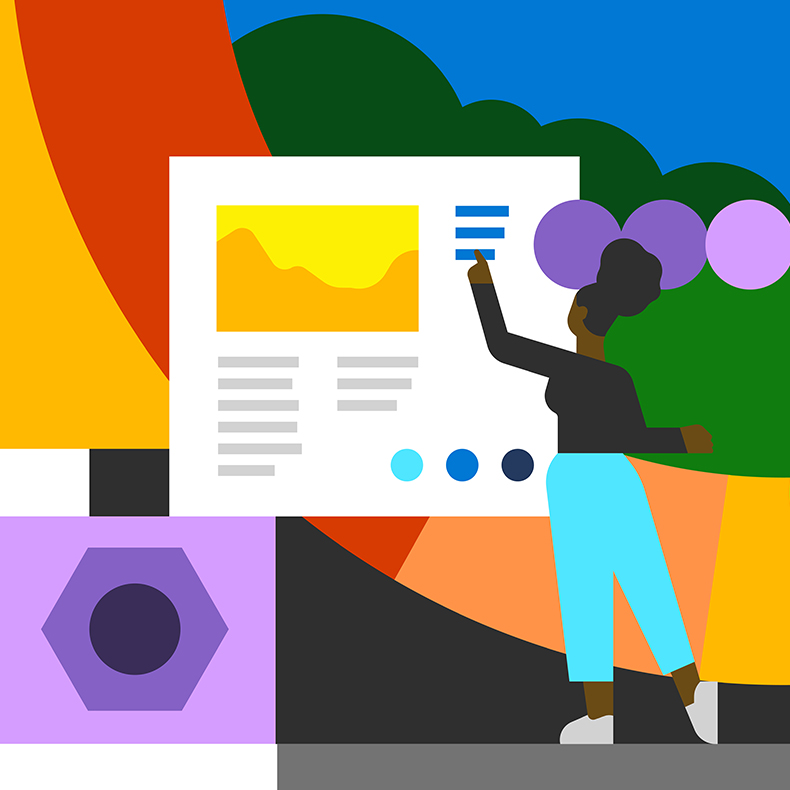 A colorful illustration of a woman interacting with a chat window.