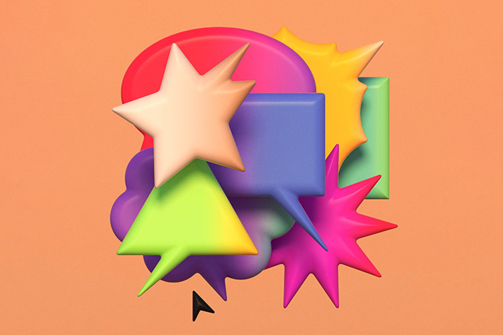Colorful, 3D speech bubbles and shapes float in place while a cursor moves around and selects separate shapes which causes them to lightly bounce