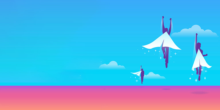 A colorful illustration of people being launched or boosted into the sky with capes that remind the viewer of cursor pointers.