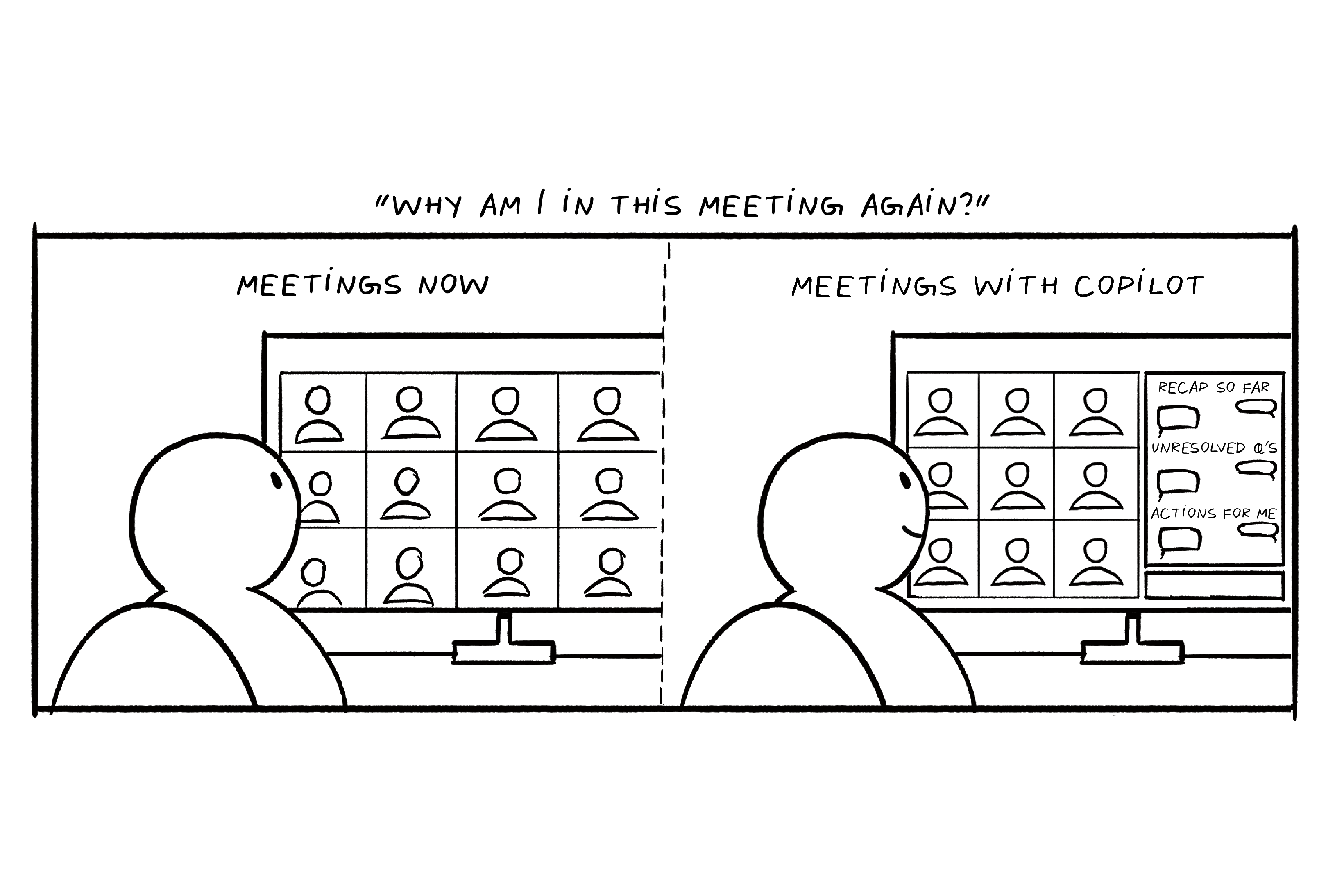 A black and white sketch of a person looking at their video chat grid on the left, titled “Meetings Without Copilot”. On the right, is a more dynamic interface labeled “Meetings with Copilot.”