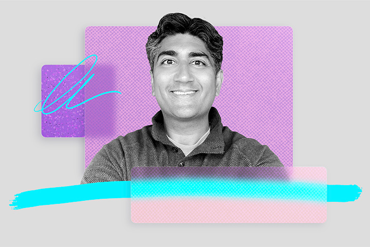 A colorful photo illustration of Aneesh Raman, a vice president at LinkedIn and head of the company’s Opportunity Project, which is focused on building a more dynamic and equitable global labor market.