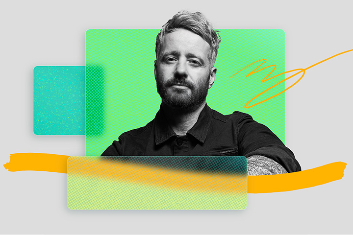A photograph of James Thomas, the global head of technology at Dentsu Creative, on a colorful treated background