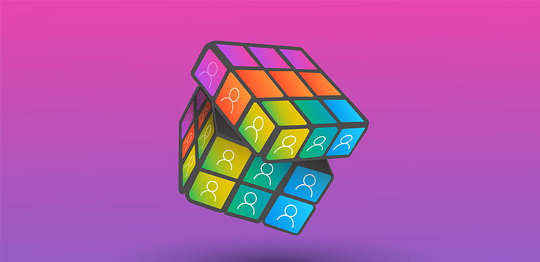 An illustration of a Rubik’s cube, only the squares have outlines of people on them, like a Teams video chat grid.