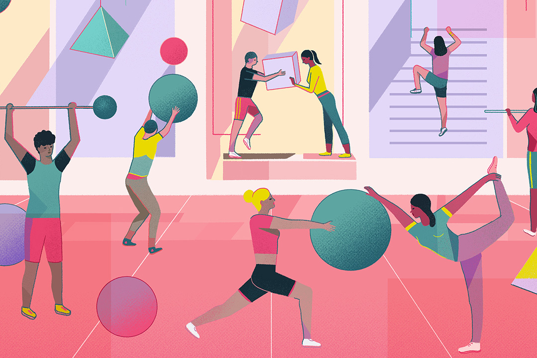 A colorful illustration depicting many different people exercising—for example, lifting weights or stretching. It’s a metaphor for building strong habits when it comes to AI.  