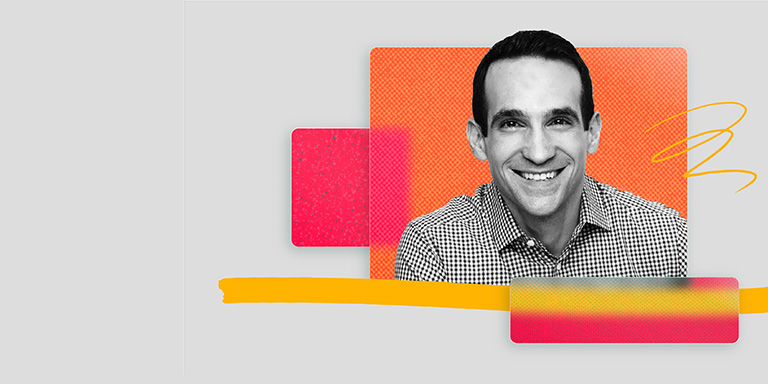 A colorful photo-illustration of Nir Eyal, a bestselling author and entrepreneur.