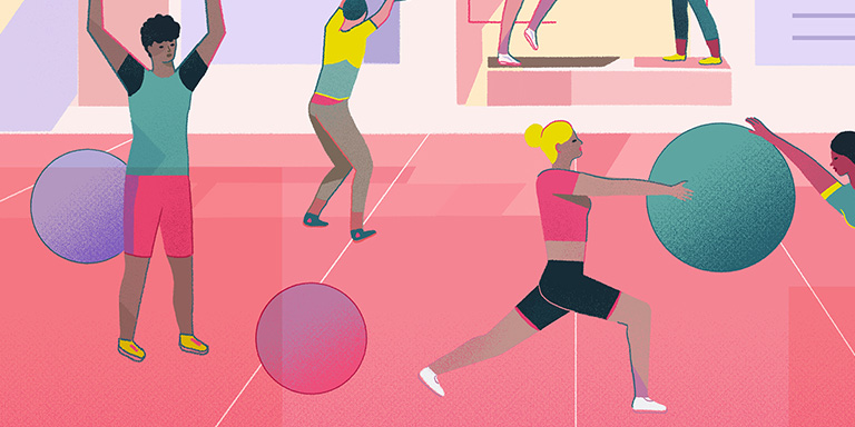 A colorful illustration depicting many different people exercising—for example, lifting weights or stretching. It’s a metaphor for building strong habits when it comes to AI.  
