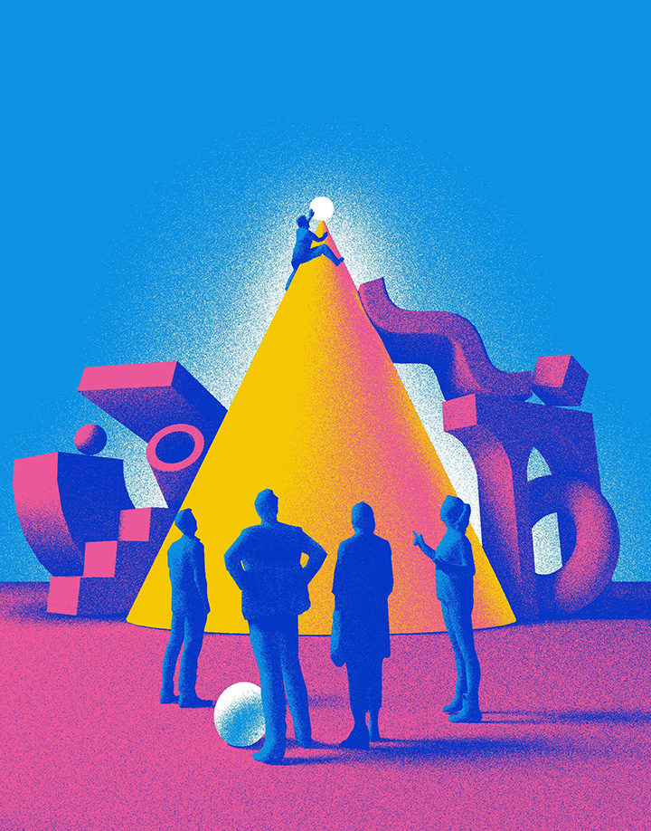  A colorful illustration of people surrounding a large cone, with a single person at the top of the cone placing a sphere