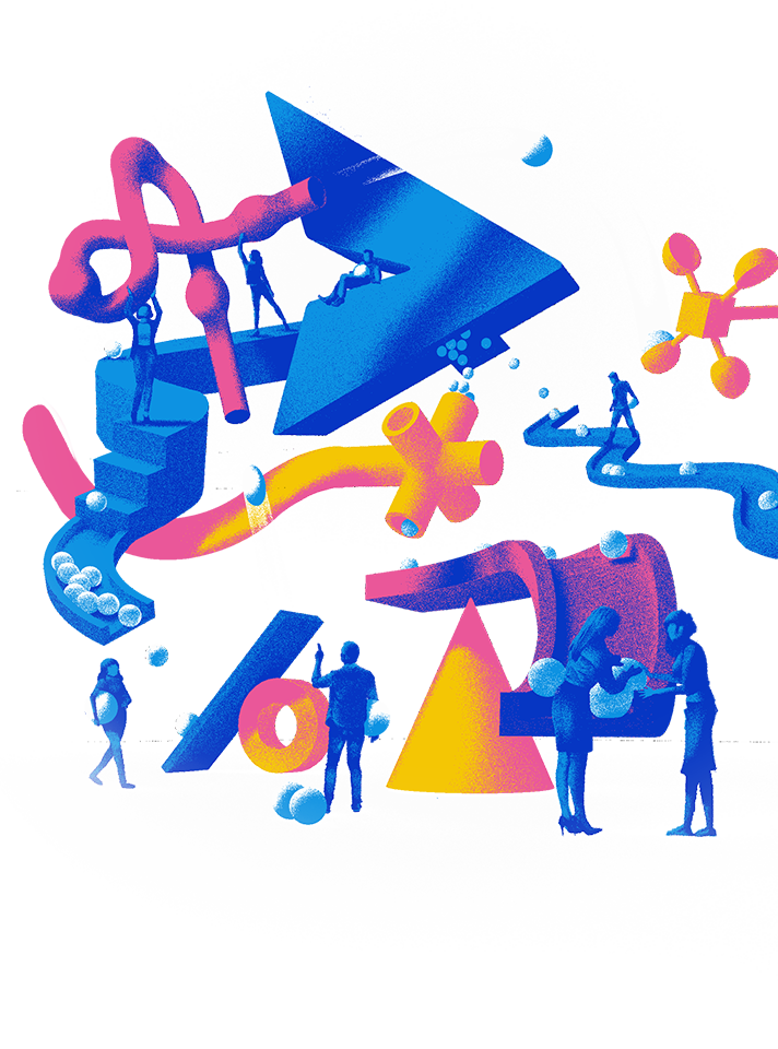  A colorful illustration of people and elements like tubes and arrows forming a kind of company “machine” that is getting activated