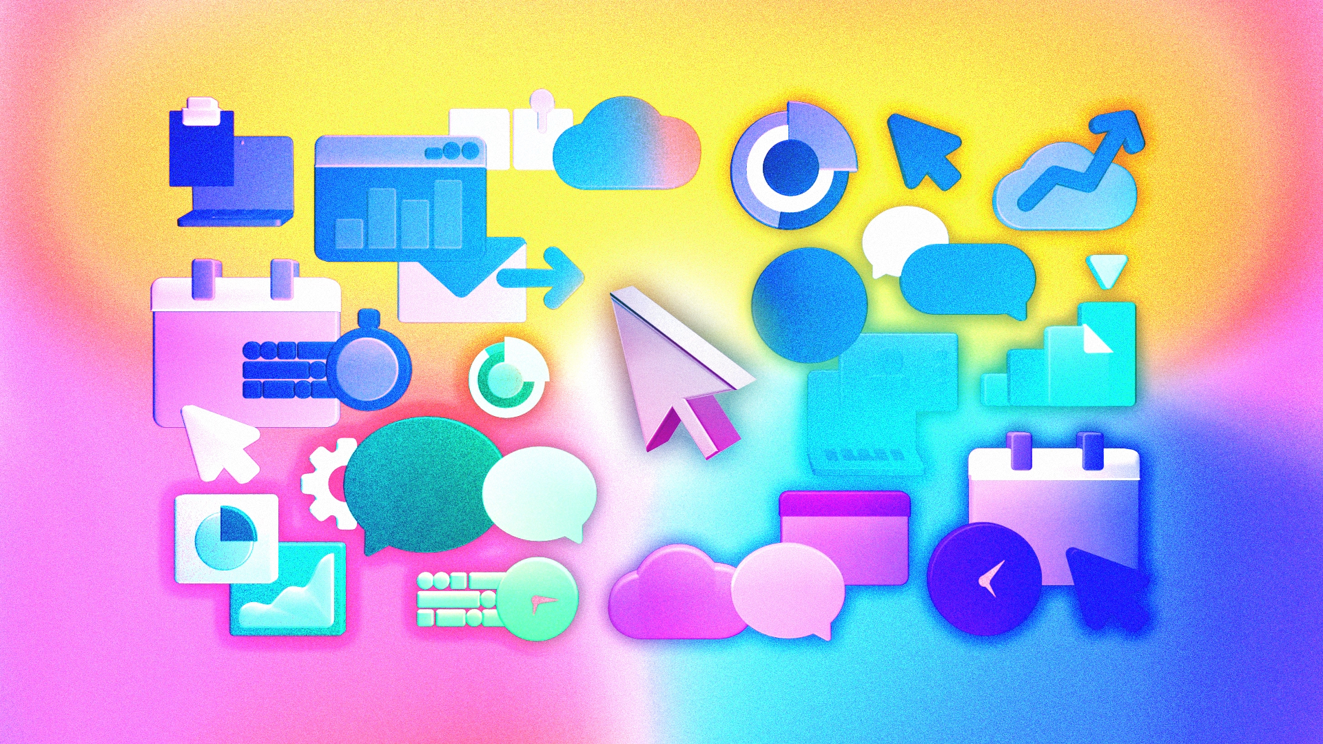 A colorful animated illustration of a cursor moving to and fro around a montage of images representing different icons people encounter during their workday activities: documents, spreadsheets, calendars, presentations, chat bubbles, settings menus.