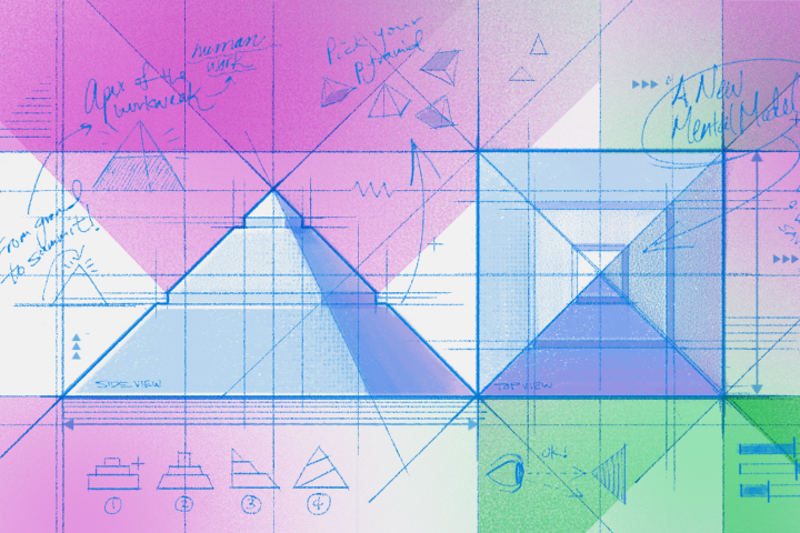 A colorful blueprint of a giant pyramid in the desert 