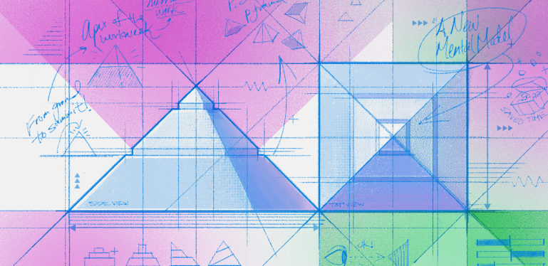 A colorful blueprint of a giant pyramid in the desert 