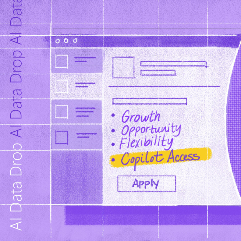 <strong>An illustration showing a job application indicating that the job seeker cares about Copilot access as well as things like growth and opportunity</strong>
