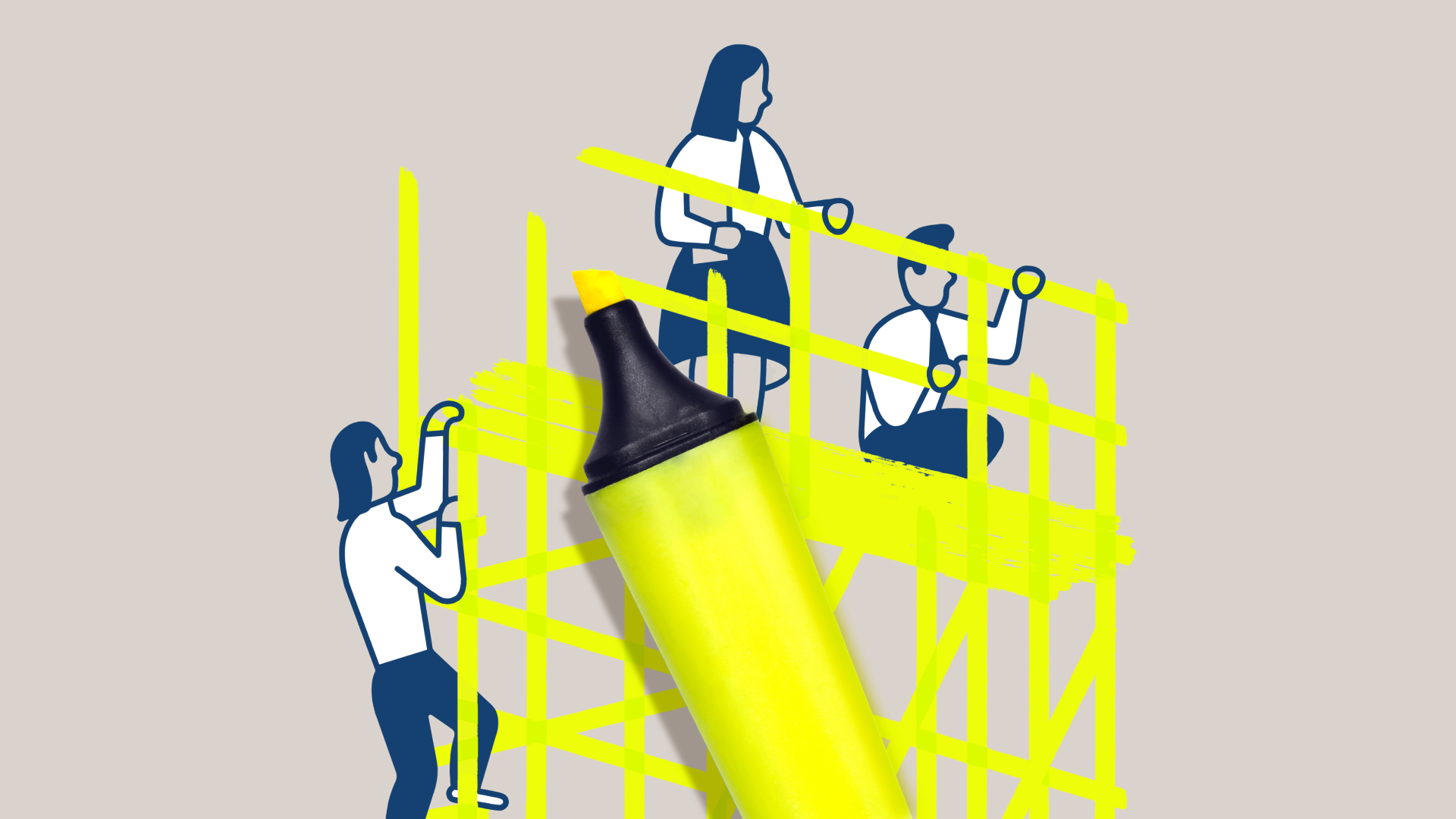 An illustration of workers on construction scaffolding. The scaffolding is drawn with yellow highlighter, evoking the office environment.