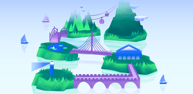 A colorful illustration of several different islands connected by bridges.
