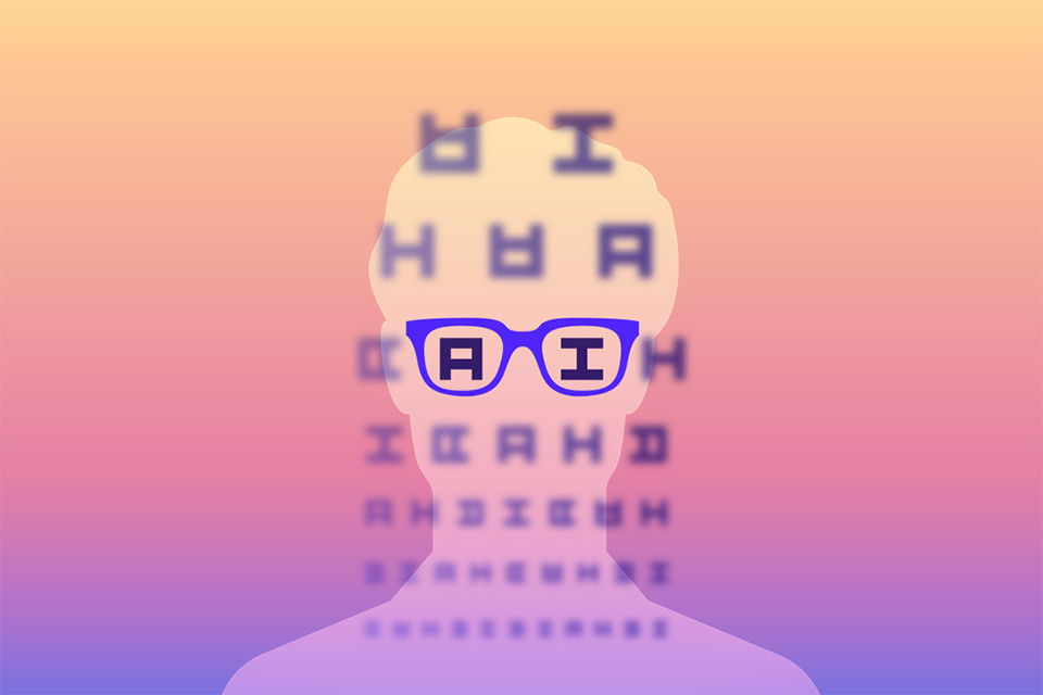 The silhouette of a person looking out at an eye chart. Most letters are blurred, with the letters 'AI' in perfect focus.