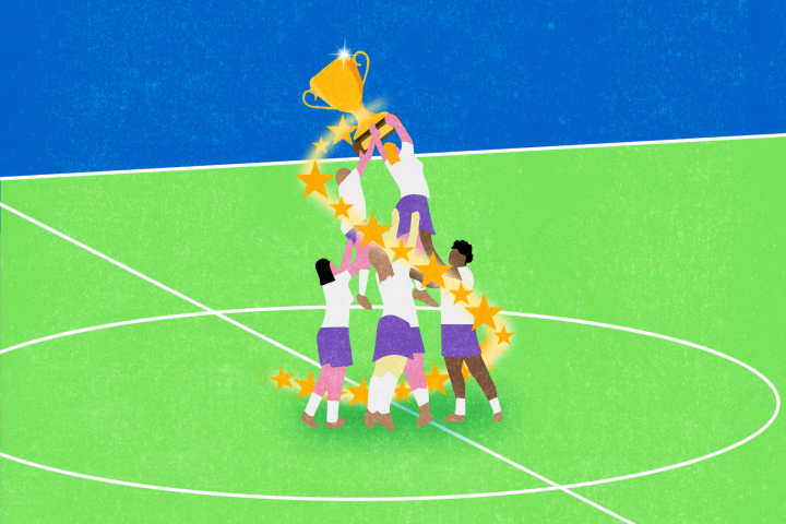 An illustration of athletes at the center of a playfield forming a human pyramid and collaboratively holding a giant golden trophy aloft. They are surrounded by a swirl of golden stars.