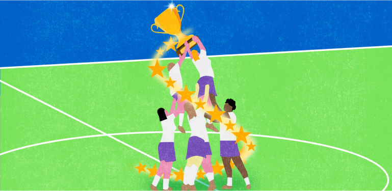 An illustration of athletes at the center of a playfield forming a human pyramid and collaboratively holding a giant golden trophy aloft. They are surrounded by a swirl of golden stars.
