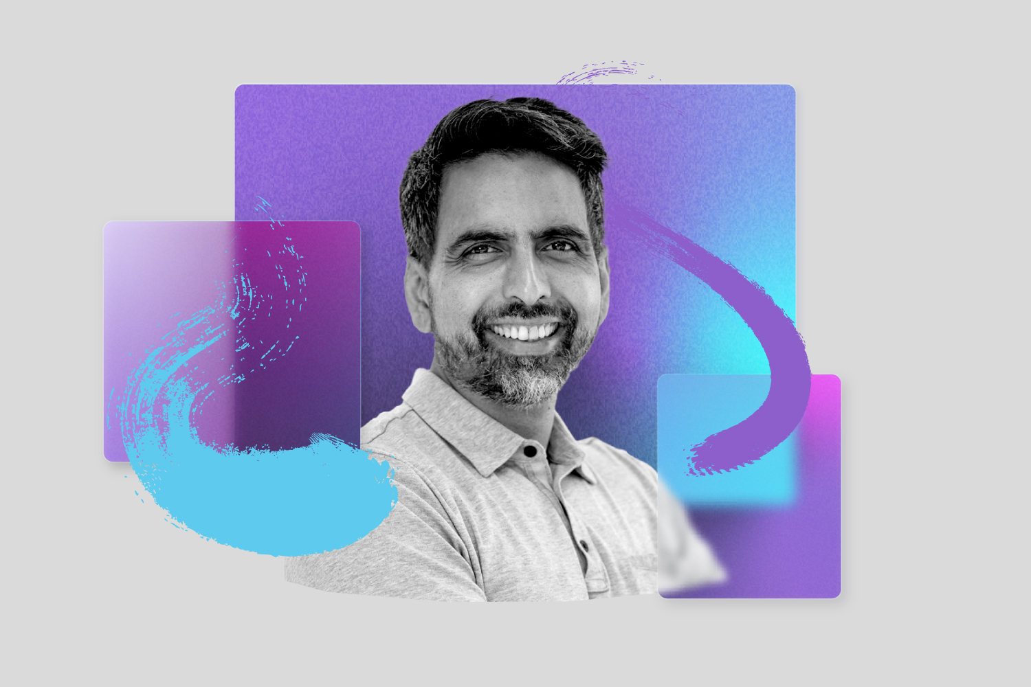 A colorful photo-illustration of Sal Khan, founder of the Khan Academy and author of the newly released book Brave New Words: How AI Will Revolutionize Education (and Why That’s a Good Thing).