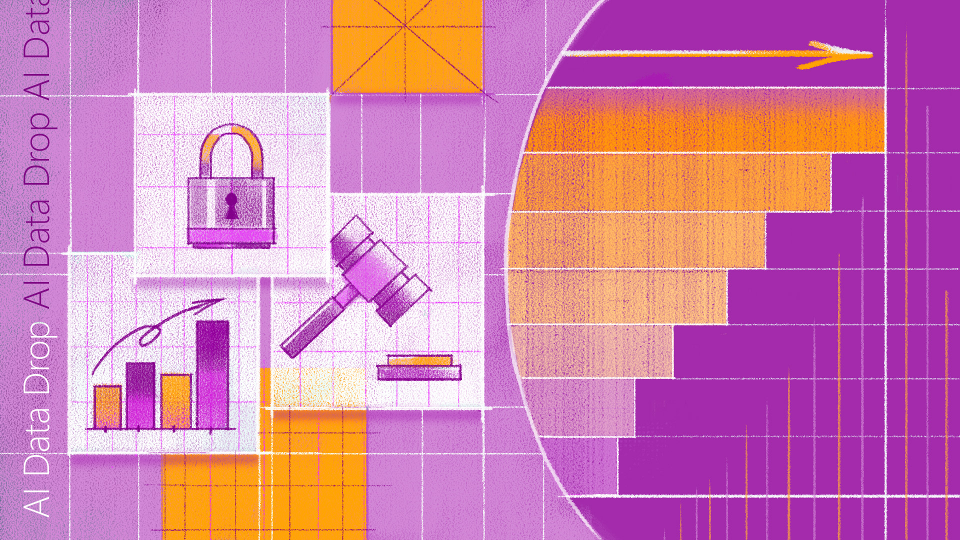 A colorful abstract illustration of icons that represent different professions, including the legal field and cybersecurity. 