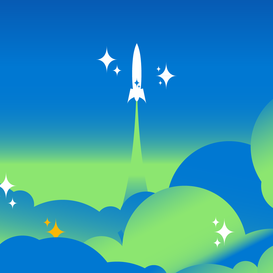 Illustration of a rocket taking off, flecked with AI-style sparkles. 