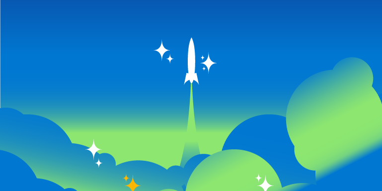 Illustration of a rocket taking off, flecked with AI-style sparkles. 