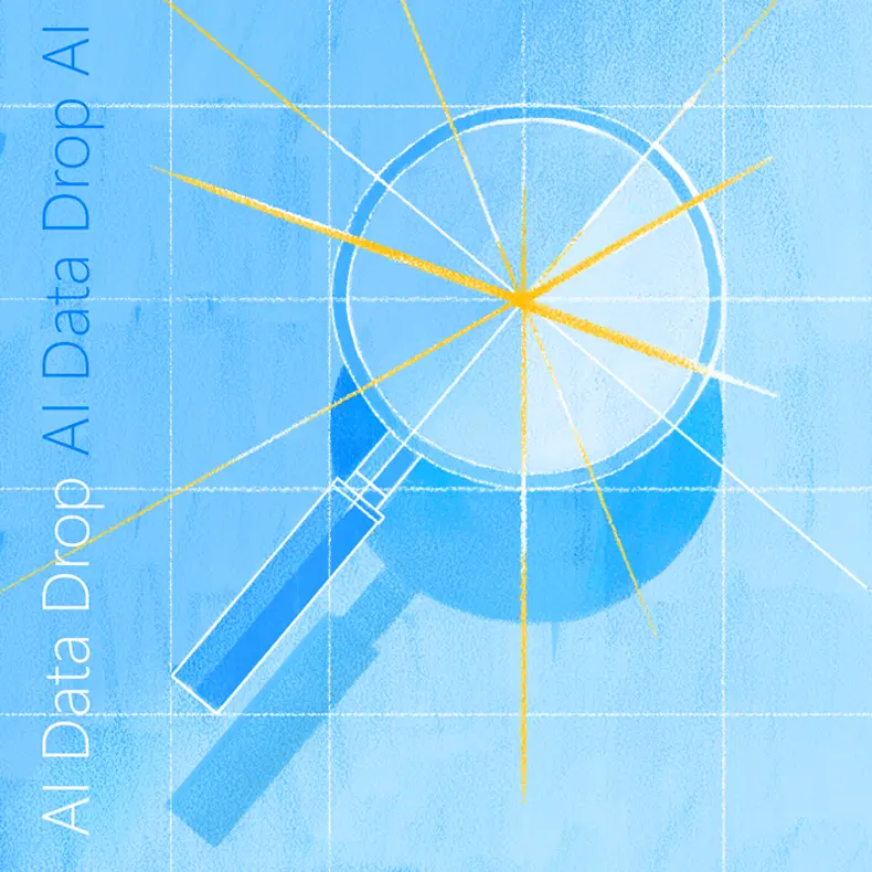 A blueprint-style illustration of a magnifying glass and a conceptual chart showing upward motion