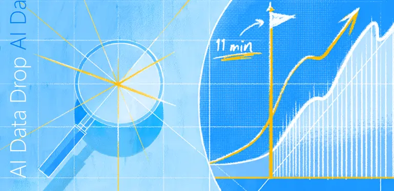 A blueprint-style illustration of a magnifying glass and a conceptual chart showing upward motion