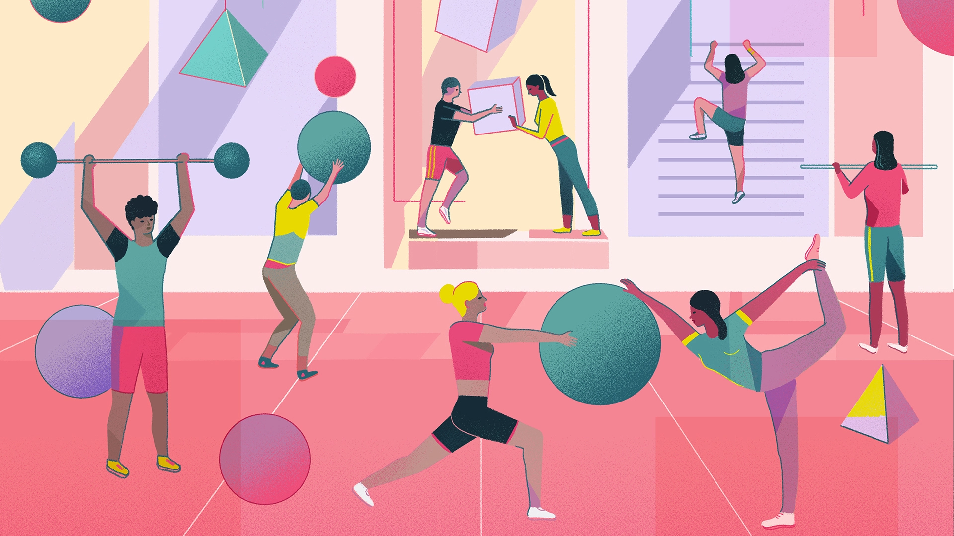 A colorful illustration depicting many different people exercising—for example, lifting weights or stretching. It’s a metaphor for building strong habits when it comes to AI.  