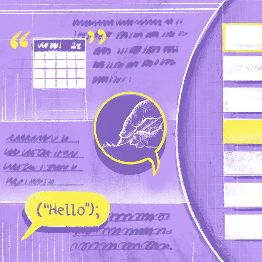 A colorful, semi-abstract illustration depicts a bar chart, a hand with a pencil, and various jottings.