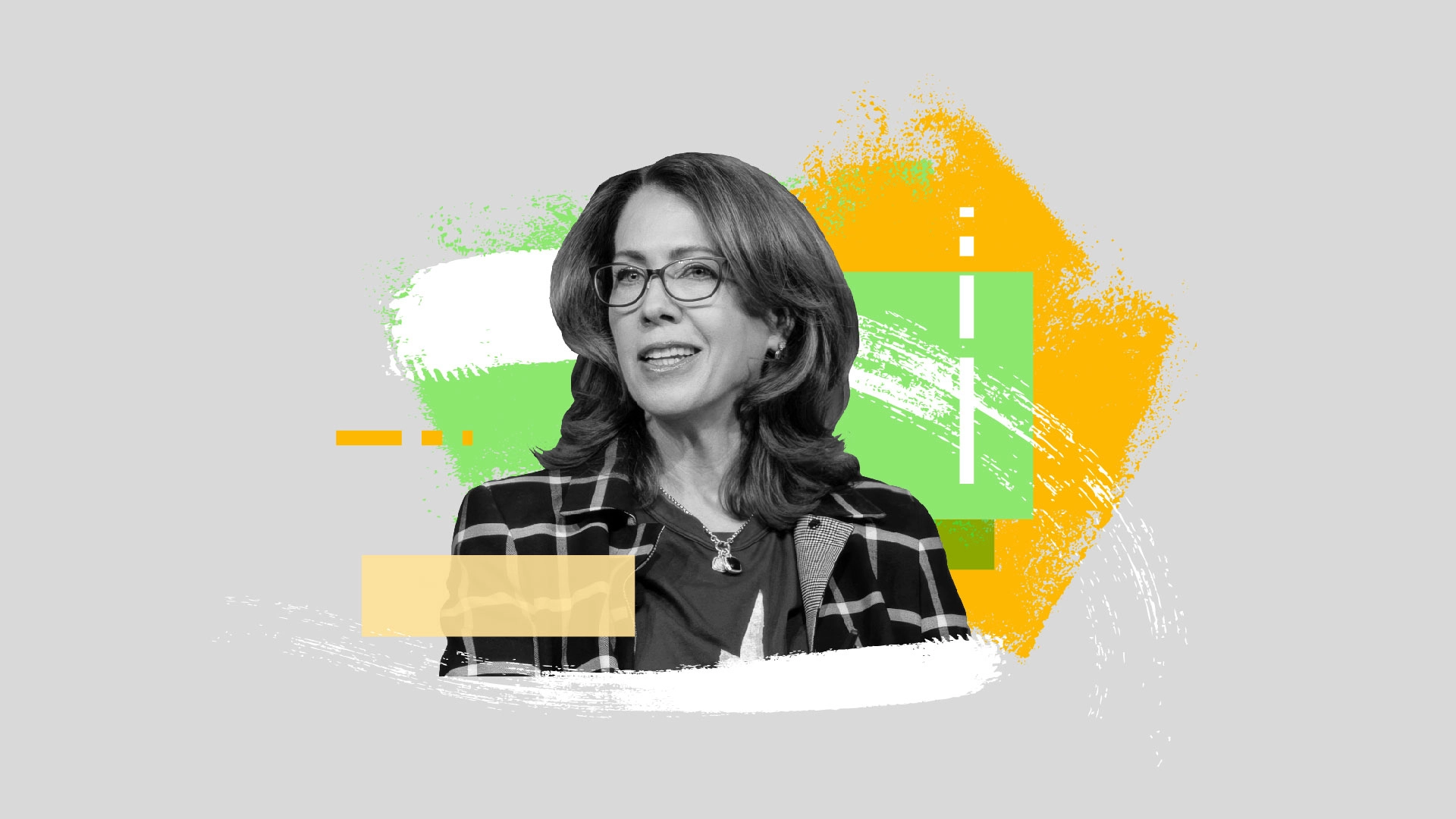 A colorful photo-illustration of Kate Johnson, President and CEO of the telecommunications company Lumen.