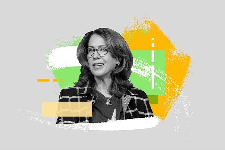 A colorful photo-illustration of Kate Johnson, President and CEO of the telecommunications company Lumen.