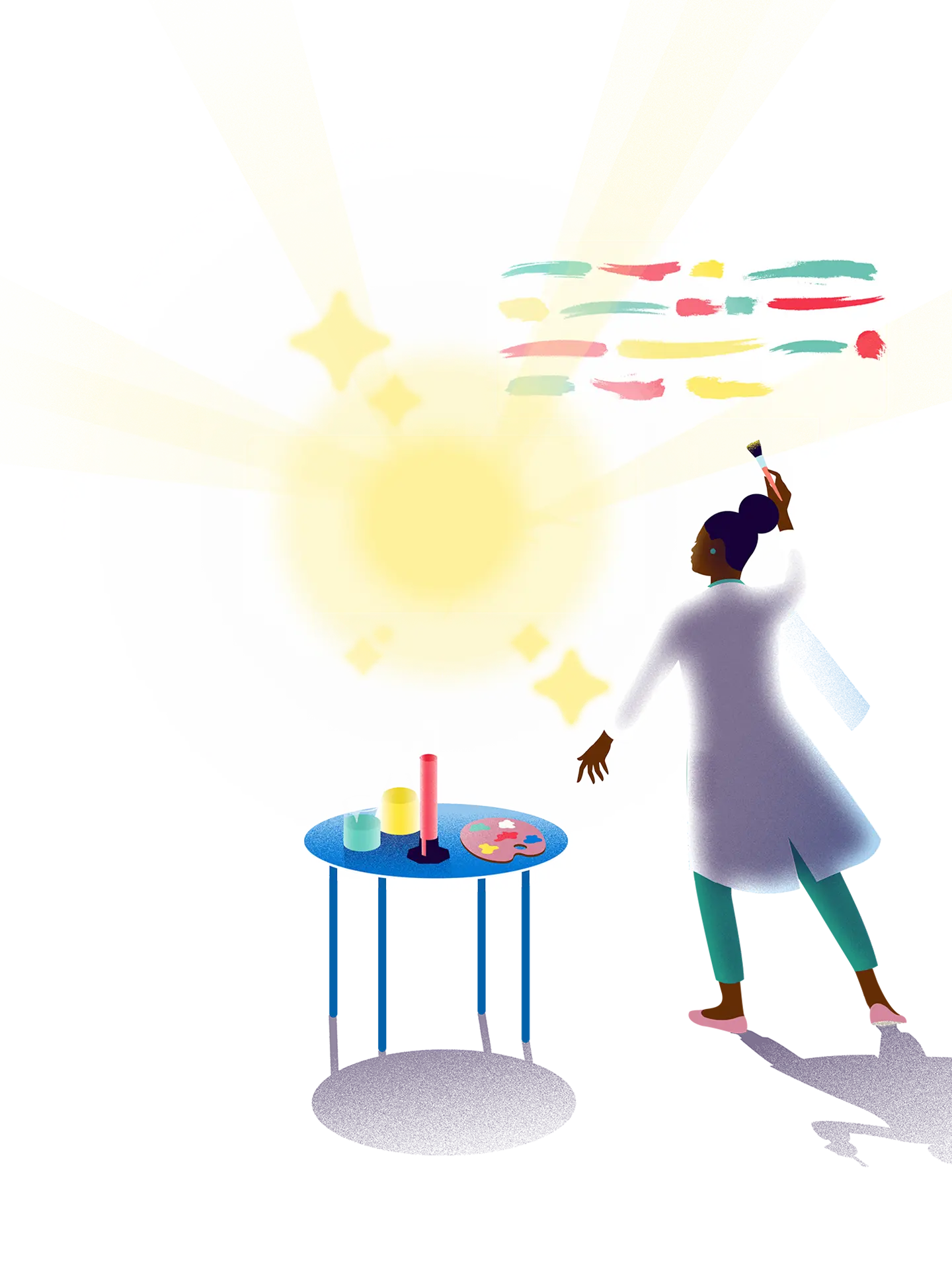 A colorful illustration of a woman in a smock using both artistic tools and scientific implements to create colorful brush strokes in a chat window. Below that window is a chat bubble featuring the Copilot “sparkle.”