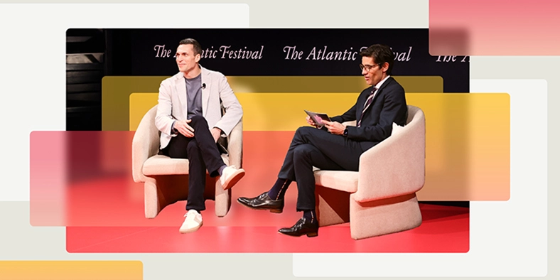 A photograph of Microsoft’s Jared Spataro onstage at The Atlantic Festival with Nicholas Thompson, CEO of The Atlantic