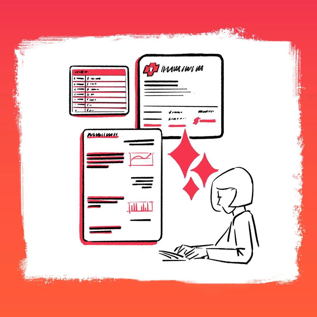 An illustration of a worker using AI agents to populate various forms of charts and graphs.