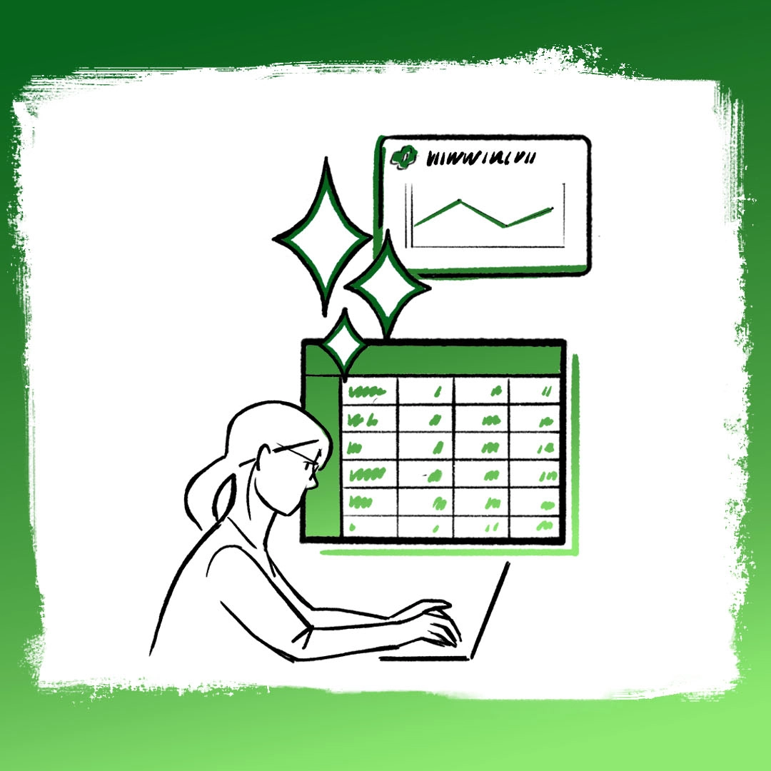 An illustration of a worker using AI on a laptop computer, with a backdrop of a chart and graph indicating company performance.