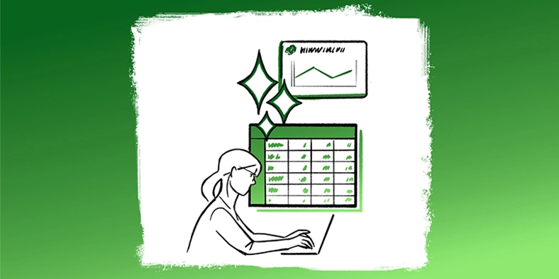 An illustration of a worker using AI on a laptop computer, with a backdrop of a chart and graph indicating company performance.