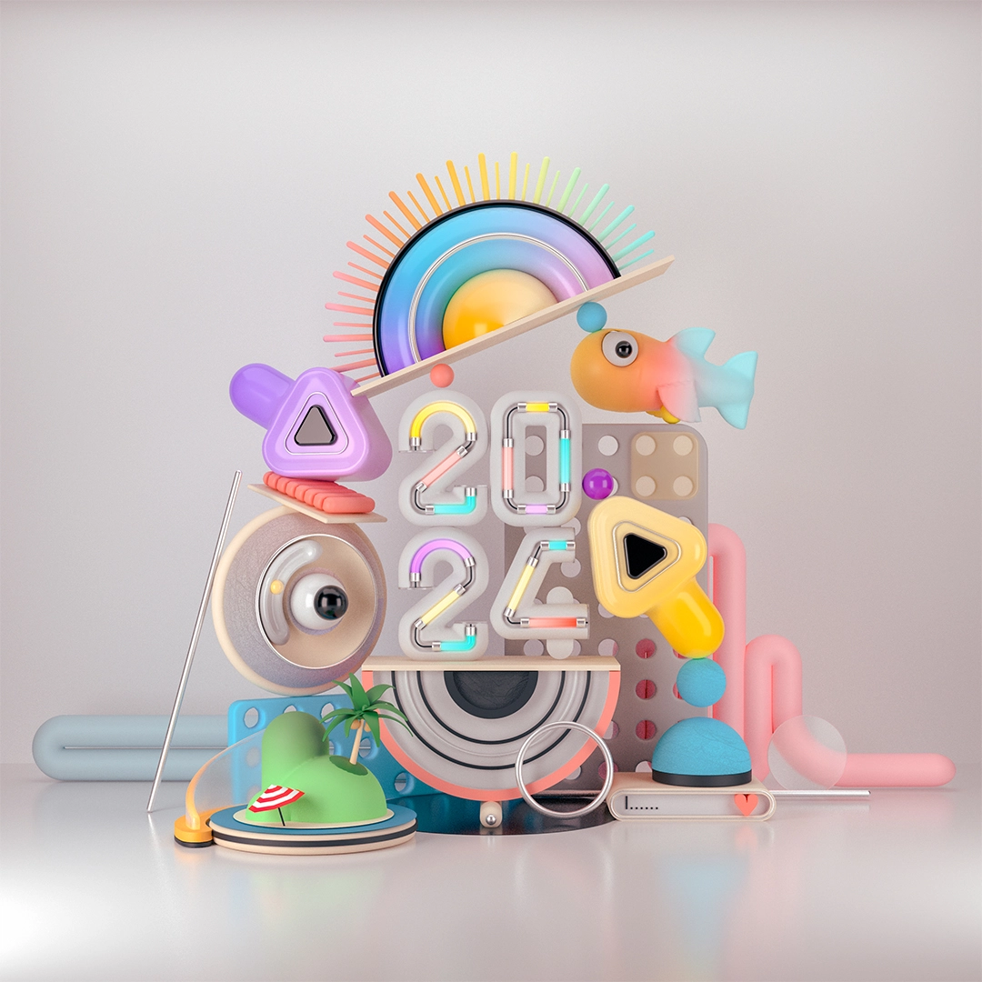 Various colorful objects, each a reference to a topic covered in the article, are stacked into a sculpture, with the number 2024 placed in the middle.