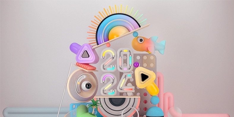 Various colorful objects, each a reference to a topic covered in the article, are stacked into a sculpture, with the number 2024 placed in the middle.