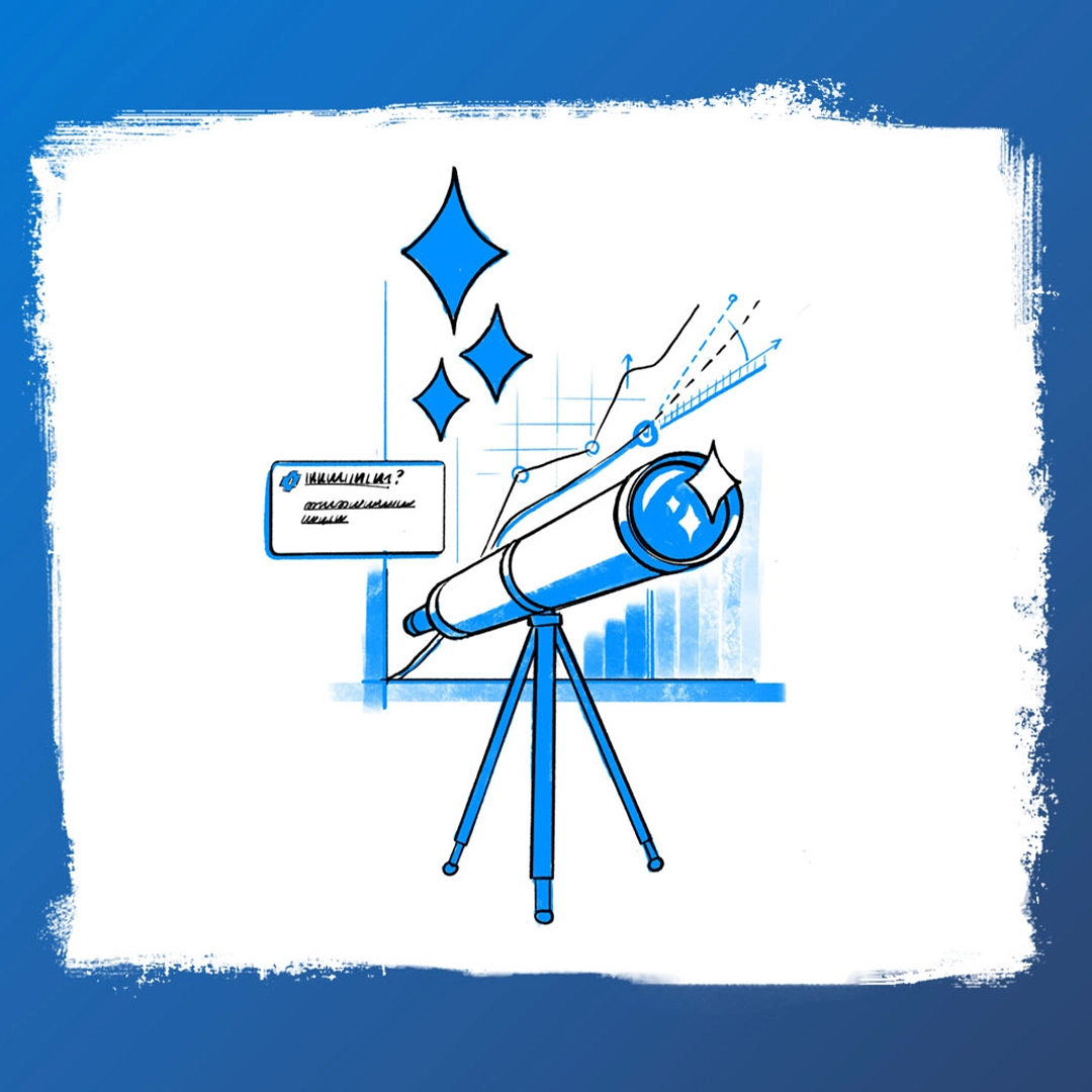 An illustrated telescope, with an AI prompt window and business charts and graphs in the background.