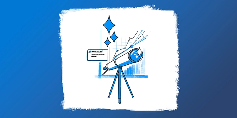 An illustrated telescope, with an AI prompt window and business charts and graphs in the background.