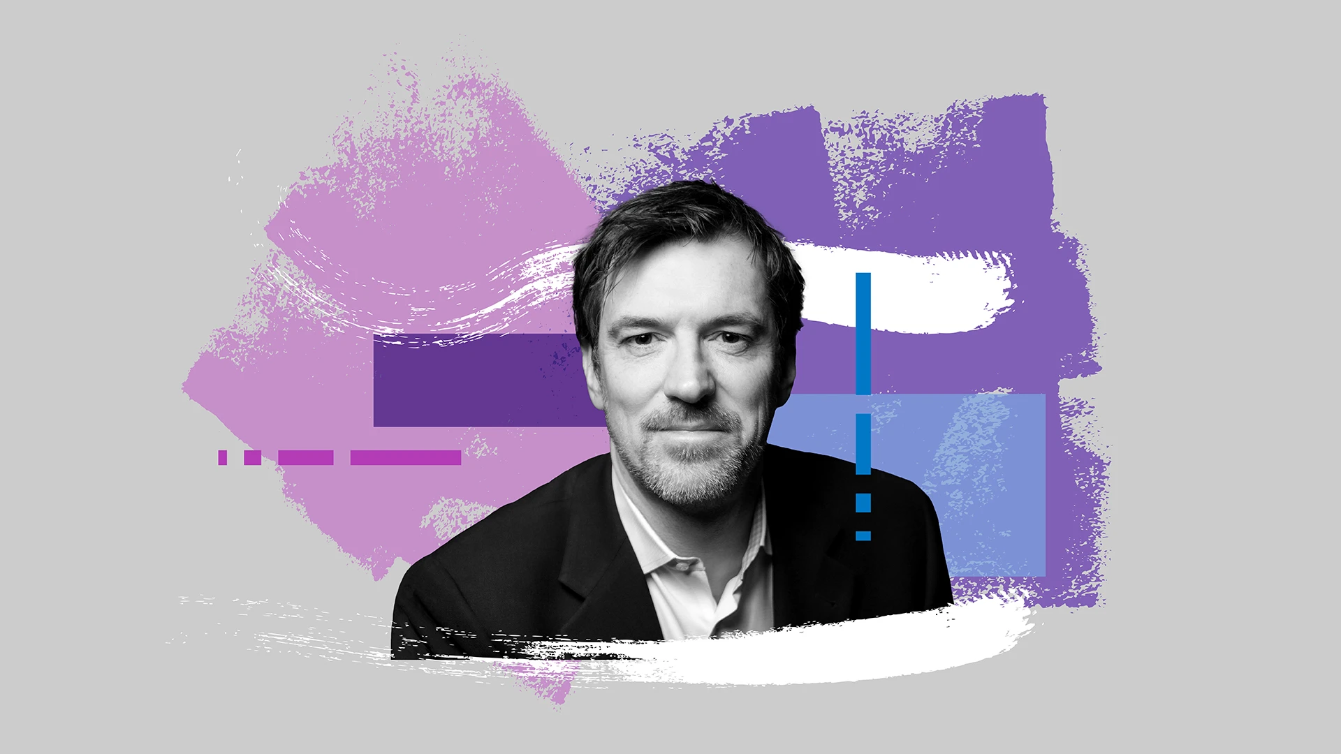 A colorful photo-illustration of Conor Grennan, Chief AI Architect at the NYU Stern School of Business. 