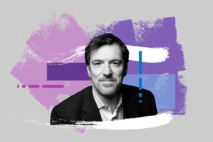 A colorful photo-illustration of Conor Grennan, Chief AI Architect at the NYU Stern School of Business. 