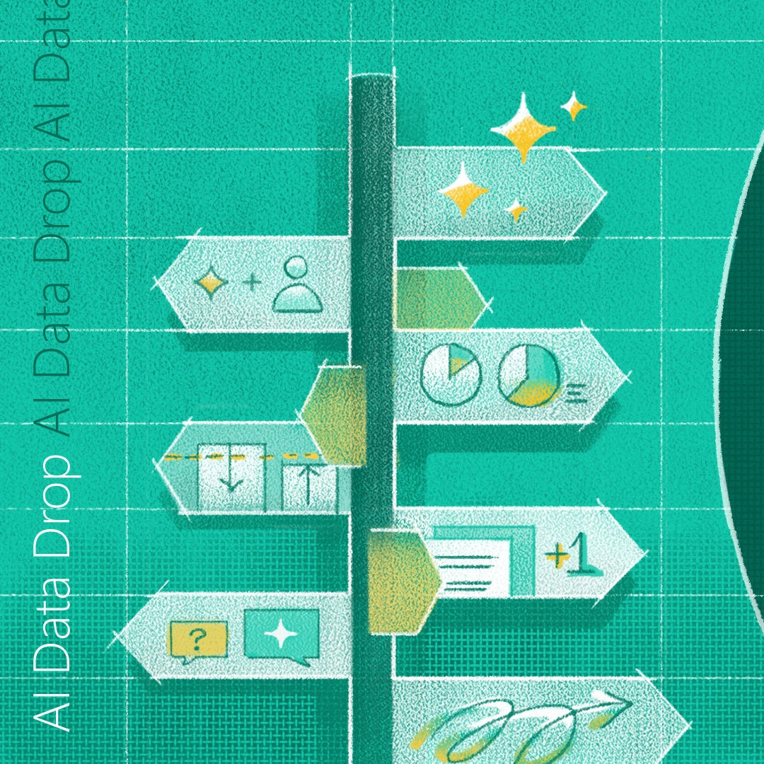  Illustration contains text reading “AI Data Drop” and productivity signifiers like charts, graphs, document icons, and comment boxes. 