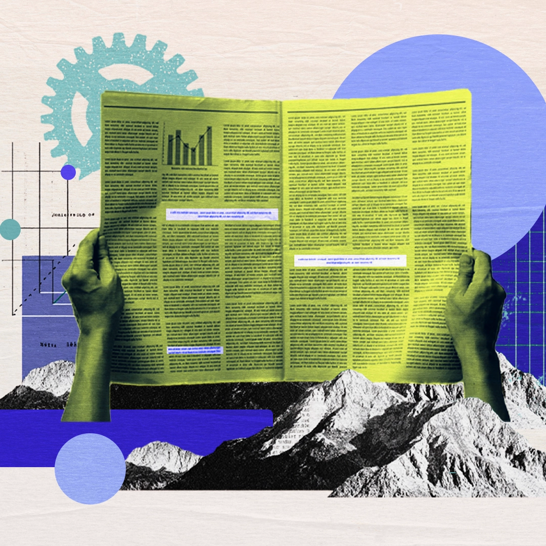 Artwork with newspaper in front of mountains